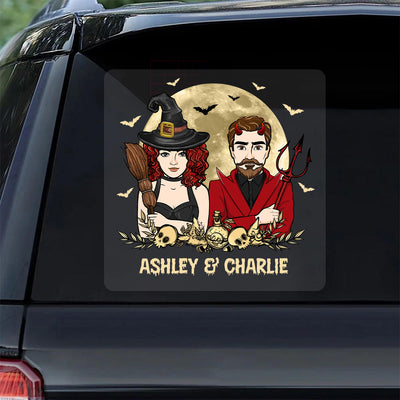 Halloween Couple Witch And Devil Personalized Decal, Halloween Decor