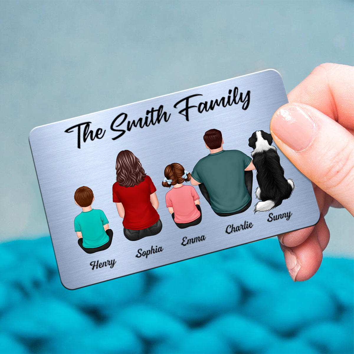 Family Sitting Back View Couple Kid Dog Cat Personalized Wallet Insert Metal Wallet Card