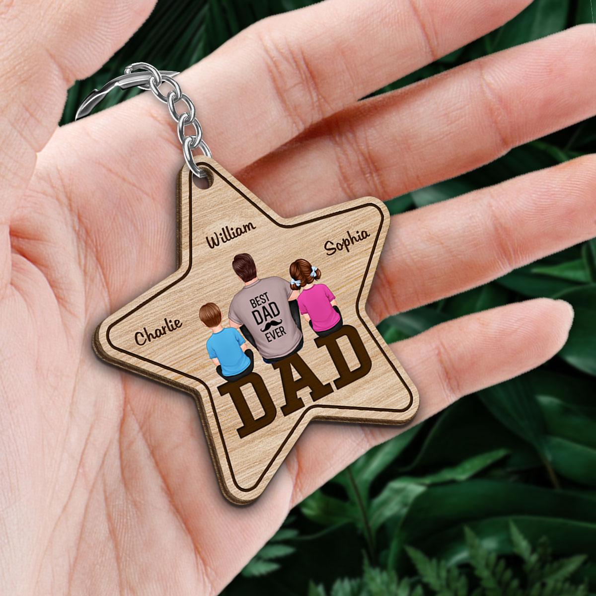 Dad Back View Man Kids Dog Cat Sitting On Text Personalized Star Wooden Keychain