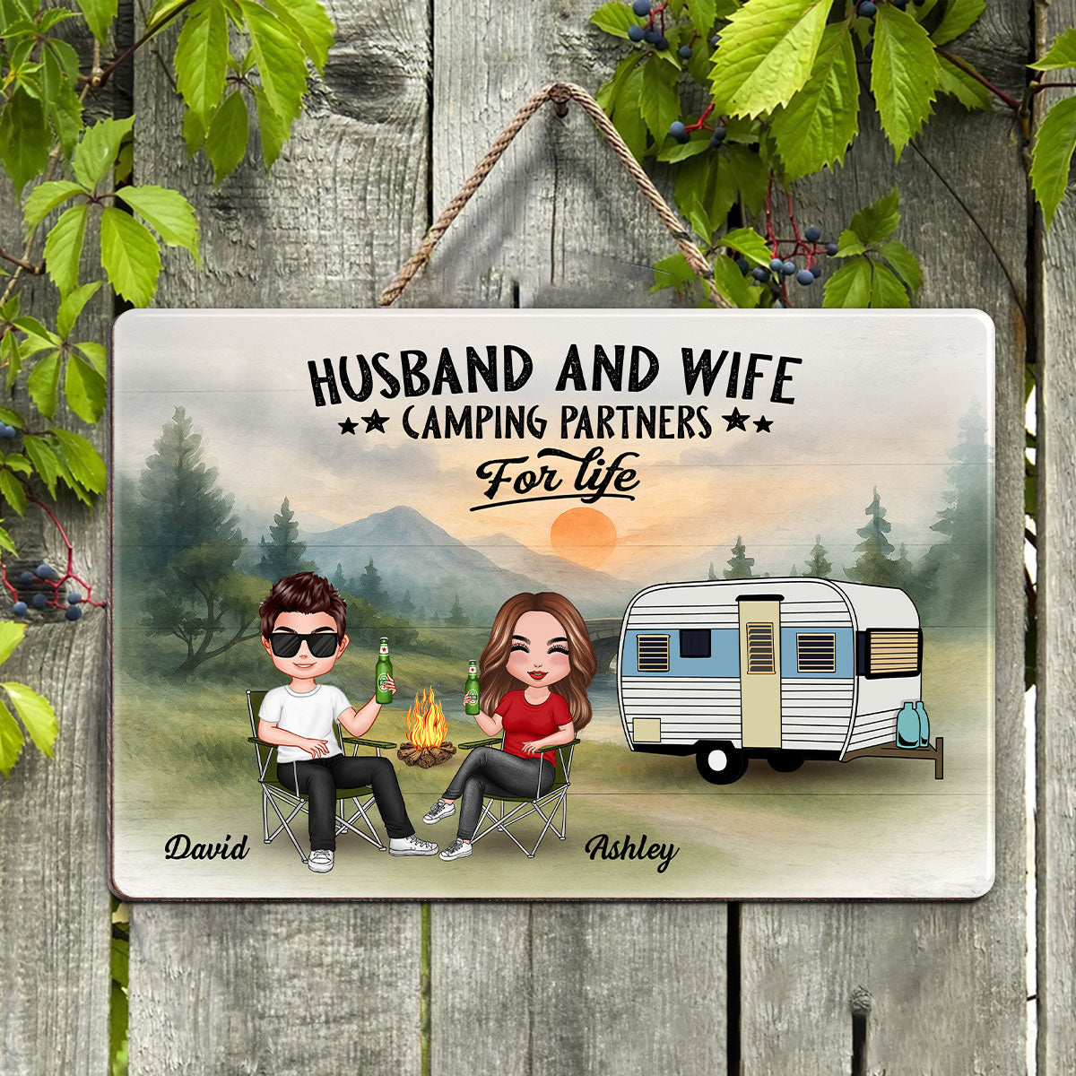 Doll Camping Couple Mountain Personalized Wood Sign