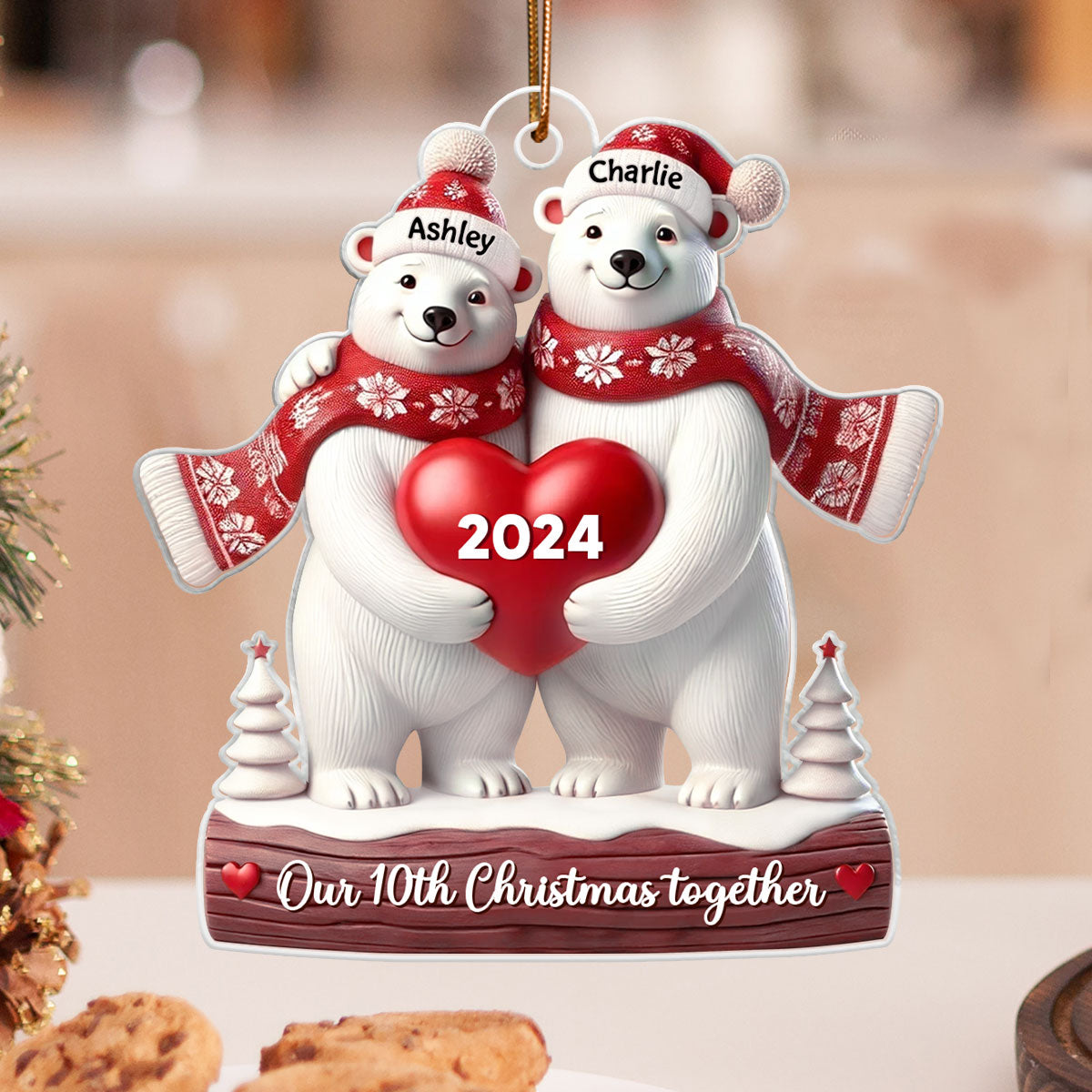 3D Effect Polar Bears Couple Christmas Personalized Ornament, Christmas Gift For Him, For Her