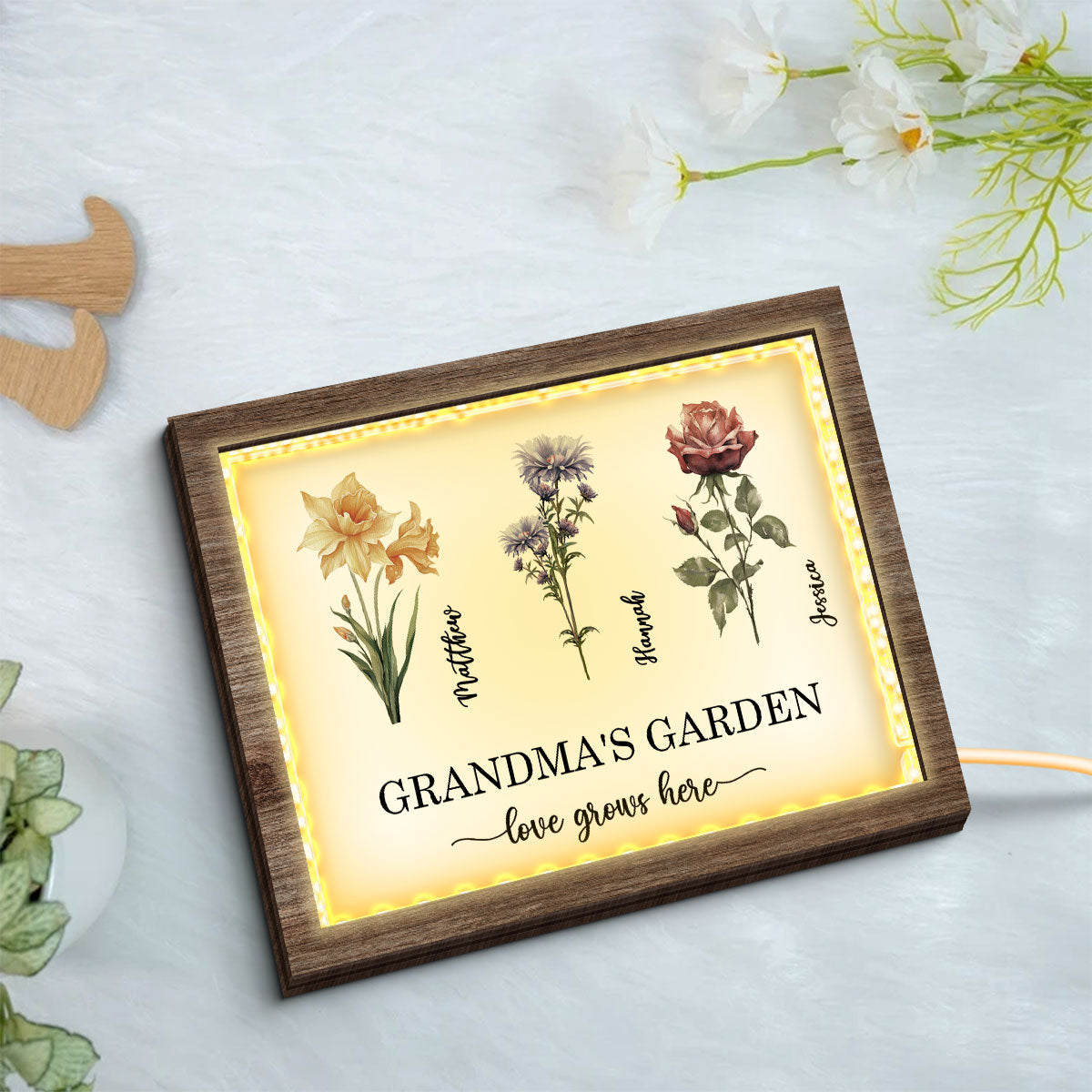 Grandma's Garden Love Grows Here Birth Month Flower Personalized 2-Layered Wooden Plaque with LED, Heartfelt Mother's day gift for Grandma, Mom