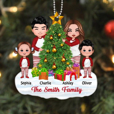 Doll Family Decorating Christmas Tree Personalized Wooden Ornament