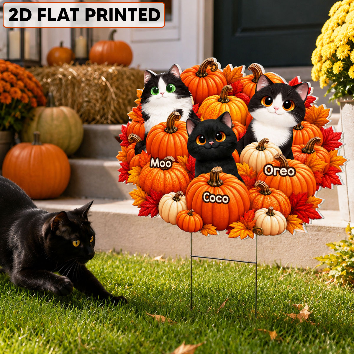 Fall Season Cute Cats Play In Pumpkin Patch - Personalized Yard Sign - Fall Decor For Cat Lovers