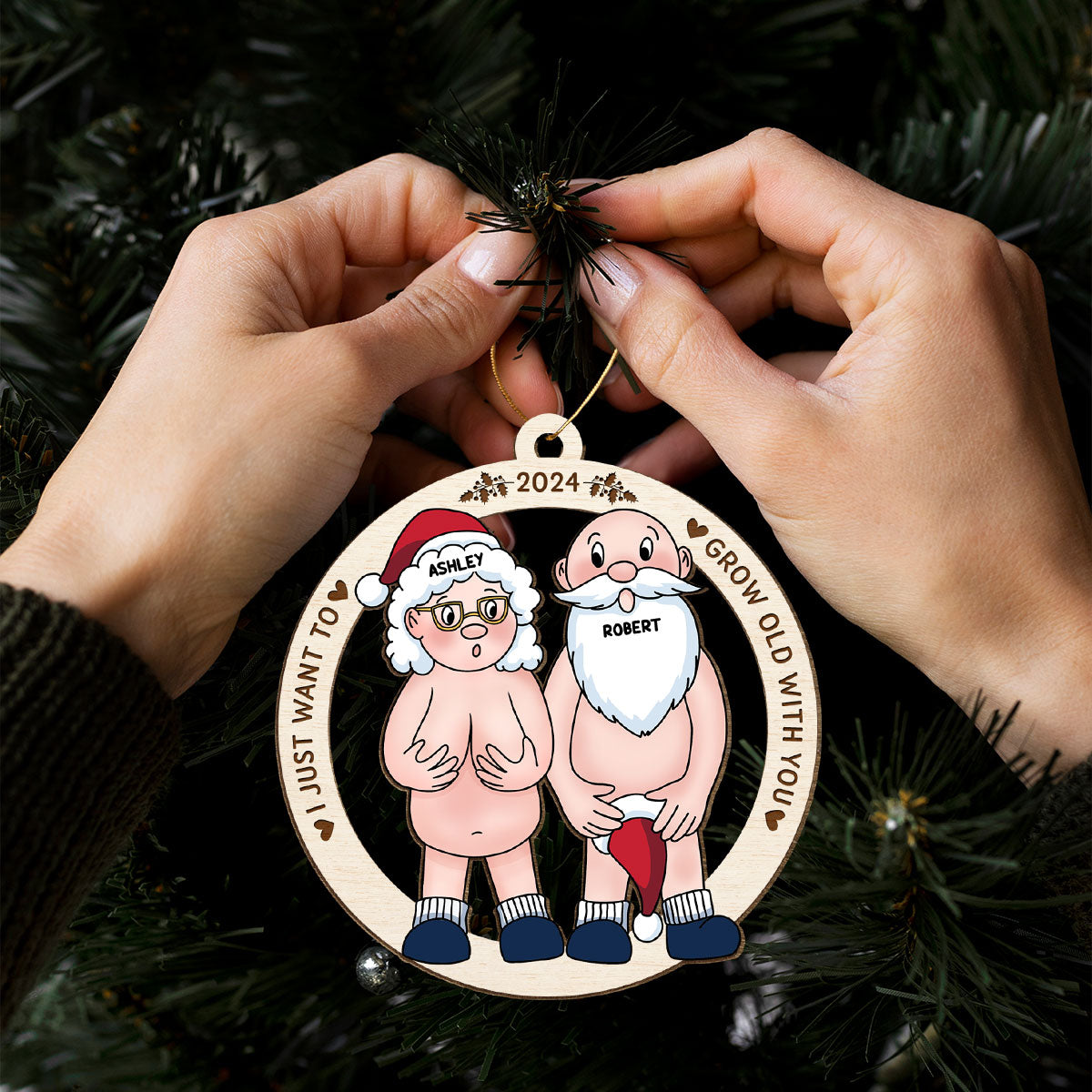 Funny Old Couple Personalized 1-Layer Wooden Ornament Christmas Gift for Him for Her