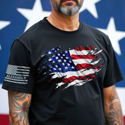 Patriotic 4th Of July Ripped Flag Custom Name Personalized Sleeve Printed Shirt