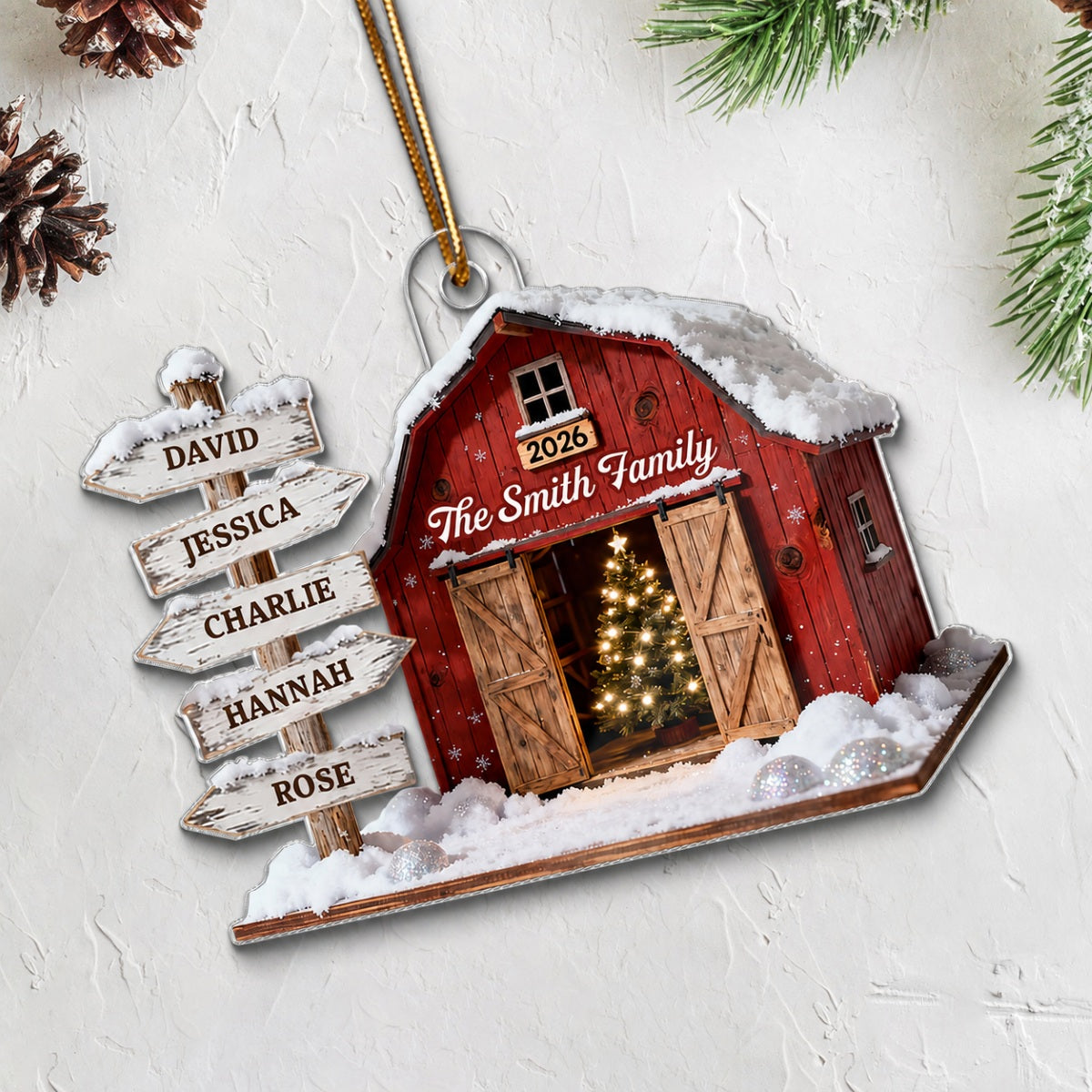 3D Effect Christmas Flat Nostalgia Barn House Family Sign Posts - Personalized Acrylic Ornament - Gift For Family, Farmhouse Decor