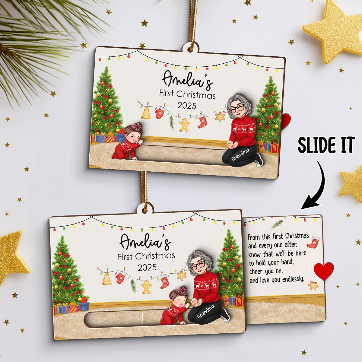 Baby First Christmas Mom Dad Grandma Grandpa - Personalized Slider Ornament