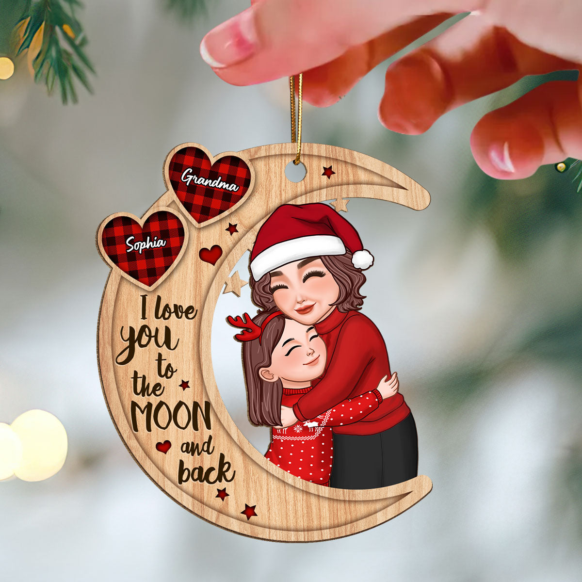 Grandma Hugging Grandkid Pattern Hearts Christmas Gift For Granddaughter Grandson Personalized Wooden Ornament