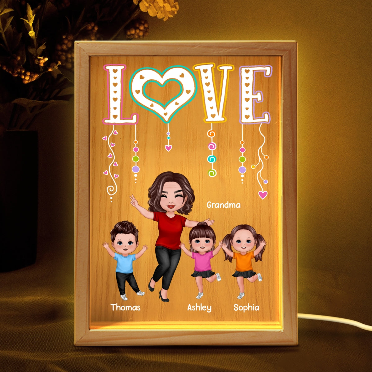 LOVE Happy Doll Grandma Mom With Kids Personalized Wooden Frame Light Box