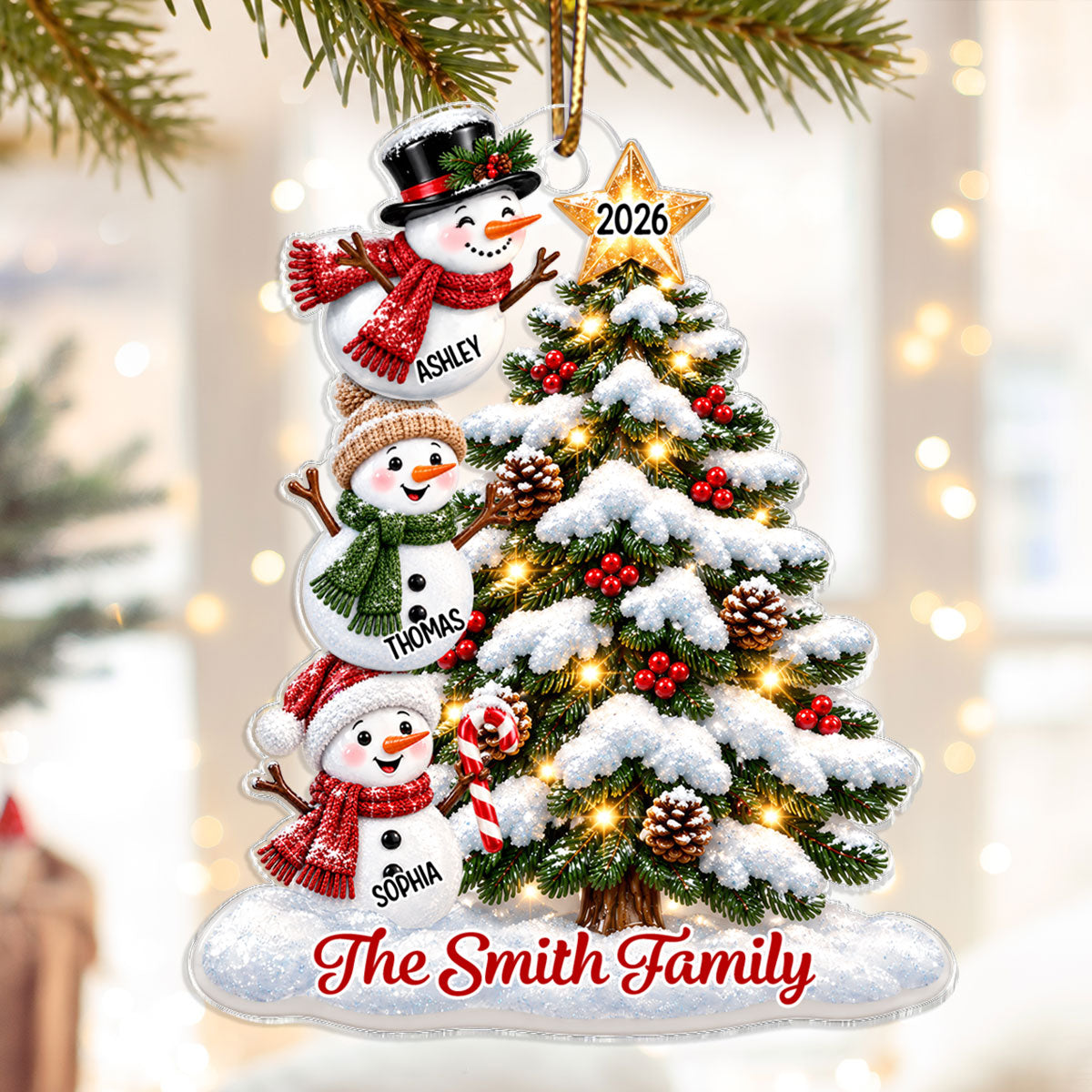 Snowman Family Grandkids Christmas Tree - Personalized Acrylic Ornament - Gift For Boys, Girls