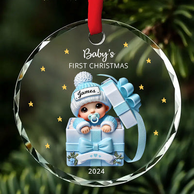Baby Inside Gift Box Personalized Glass Ornament, Baby First Christmas Keepsake