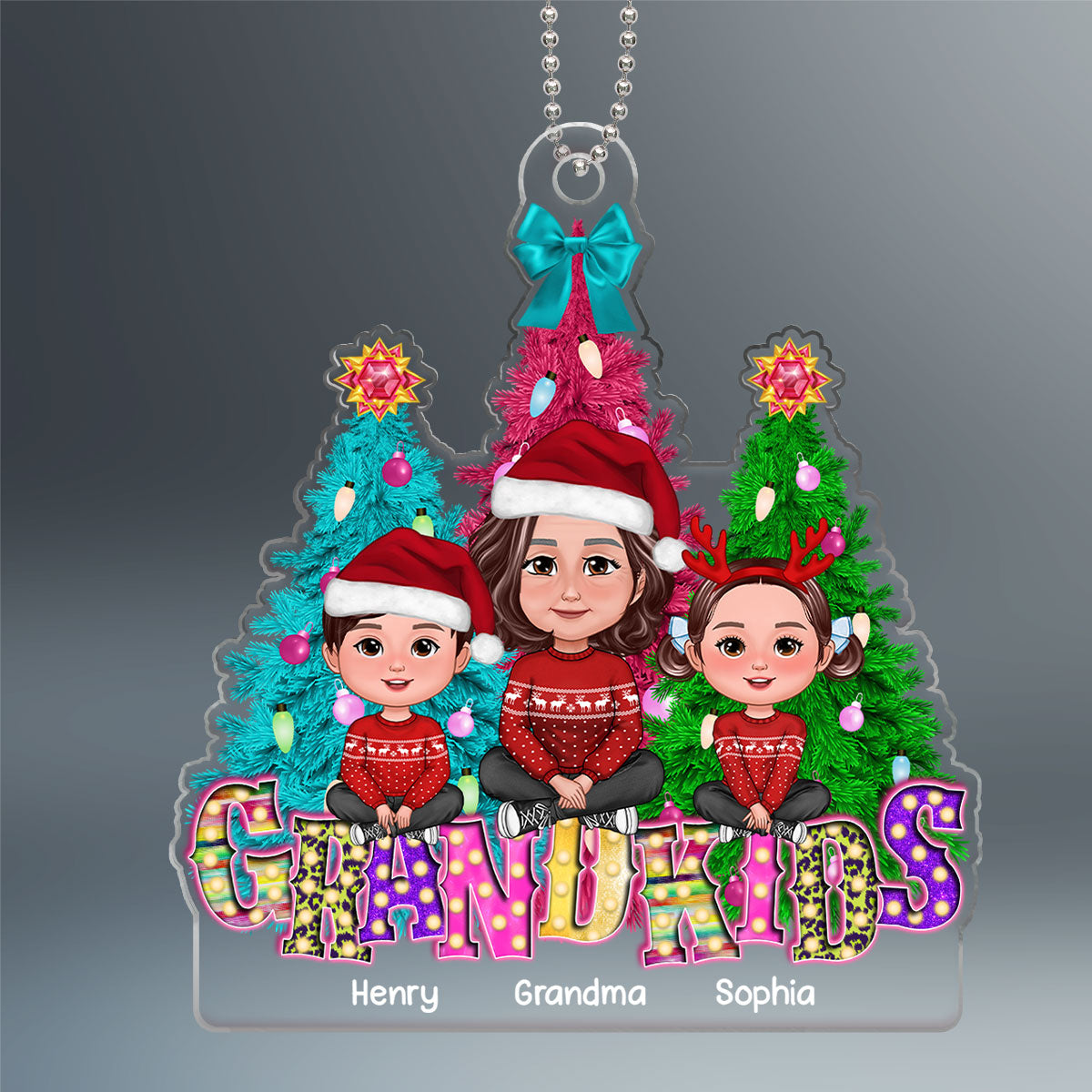 Grandma Grandkids Sitting Christmas Tree Marquee LED Personalized Acrylic Ornament