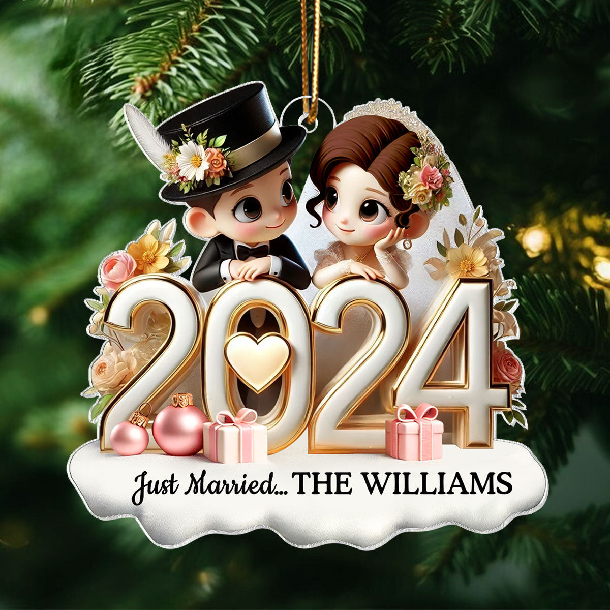 2024 Just Married Pretty Couple Personalized Acrylic Ornament, Unique Christmas Gift For Her For Him For Newlywed Couple