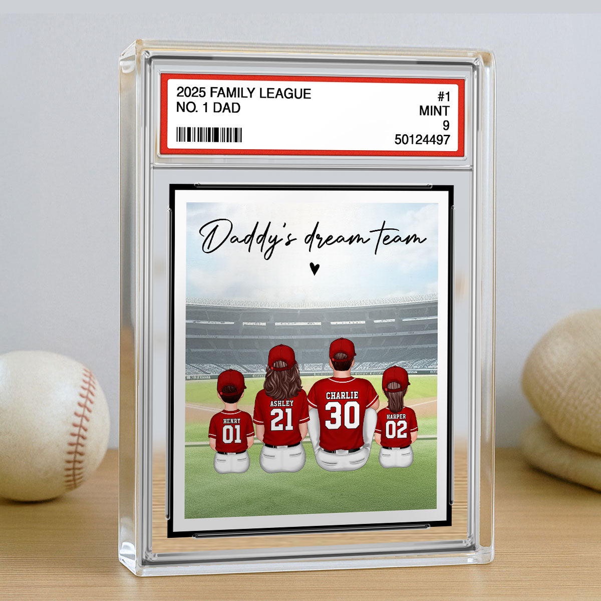 Baseball No. 1 Dad Man & Kids Sitting Trading Card Style - Personalized Acrylic Block Plaque