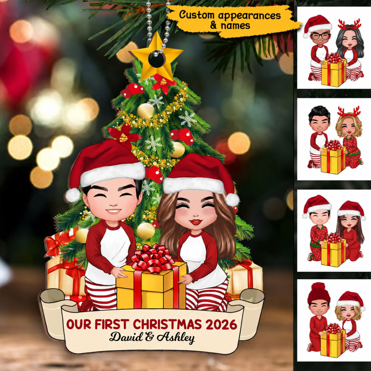 Doll Couple Opening Christmas Gifts Personalized Wooden Ornament