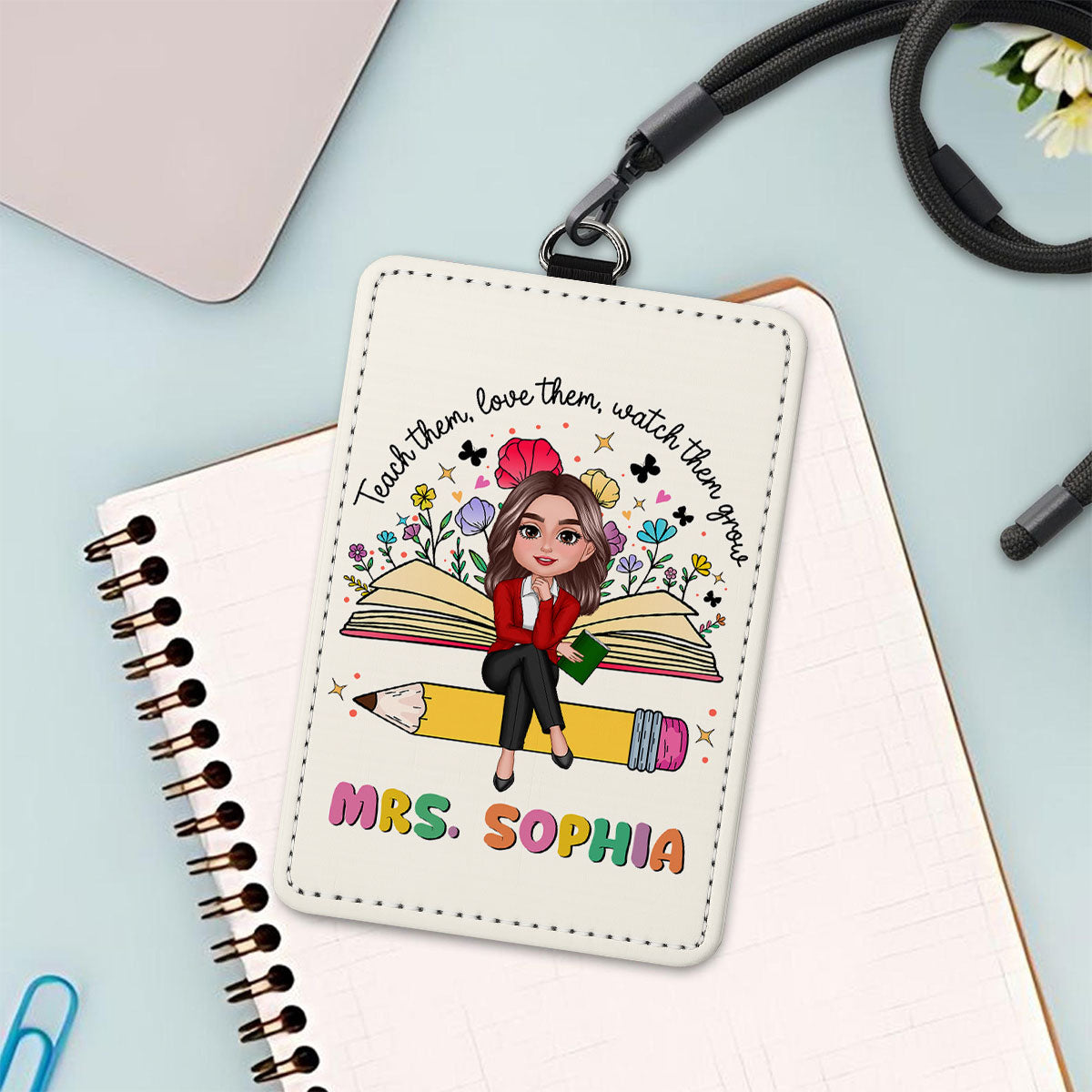 Teacher Teach Love Watch Them Grow Wildflowers Personalized ID Badge Holder, Back To School Gift