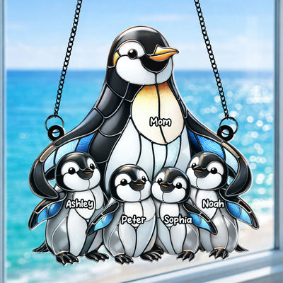 Penguin Mom and Kids - Personalized Acrylic Window Hanging - Mother's Day Gift for Mom, Wife