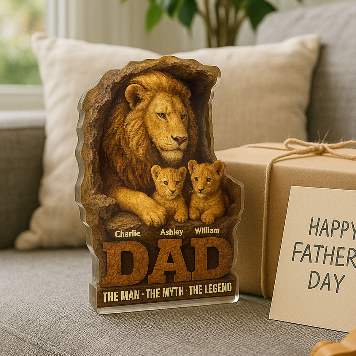 Lion Dad And Kids Personalized Custom Shape Acrylic Block Plaque