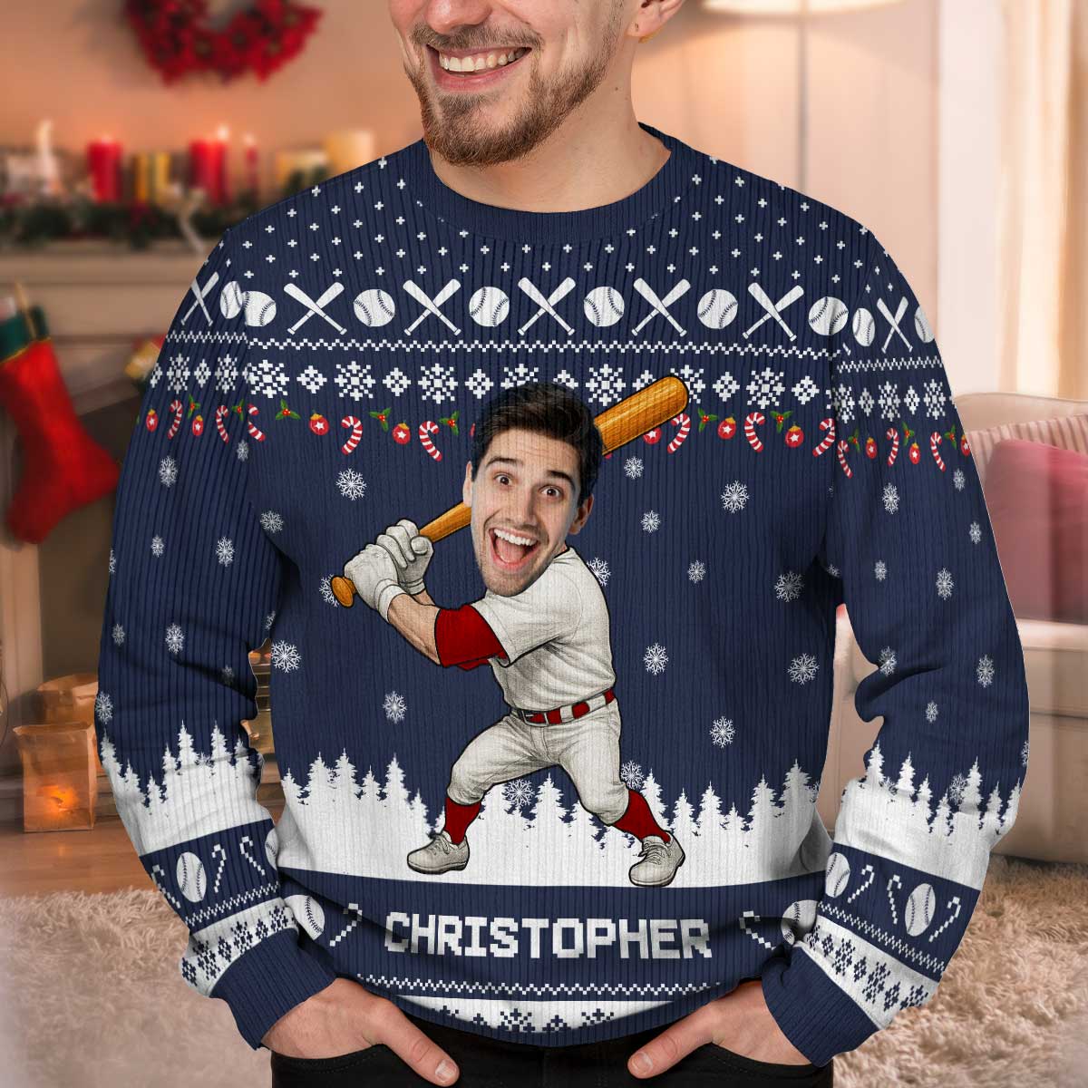 Baseball Player Custom Face Photo - Personalized Faux Knitting Ugly Sweater - Christmas Gift For Baseball Lover