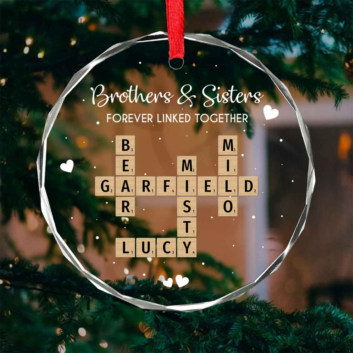 Brothers Sisters Siblings Forever Linked Together Crossword Puzzle Art - Personalized Glass Ornament - Gift For Siblings