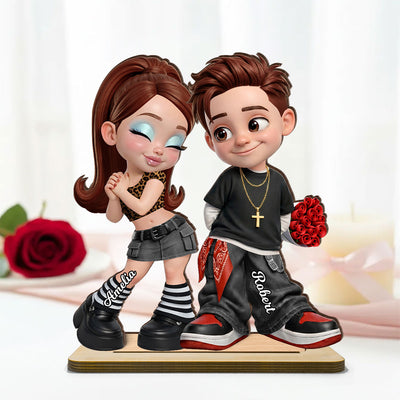 Trendy Y2K Couple - Personalized 2-Layered Wooden Plaque - Heartfelt Valentine's Day Gift For Him, Gift For Her
