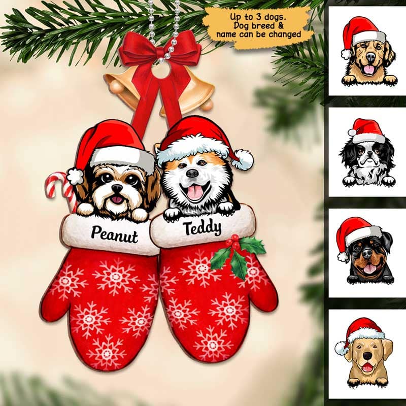 Peeking Dogs On Christmas Gloves Personalized Wooden Ornament
