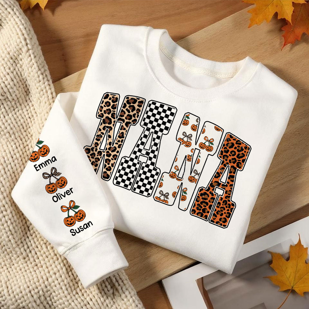 Trendy Fall Mama Personalized Sweatshirt – Leopard, Pumpkin & Checkerboard Fall Halloween Sweatshirt