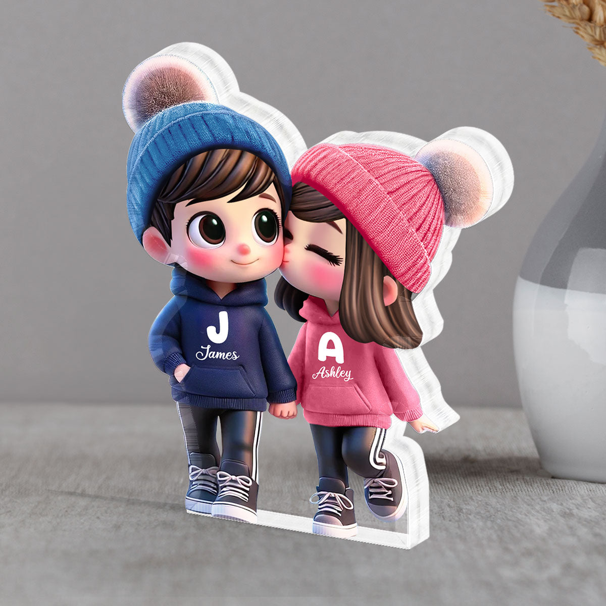 3D Effect Cute Cartoon Couple Walking Personalized Acrylic Block Plaque,  Gift for Him, Gift for Her