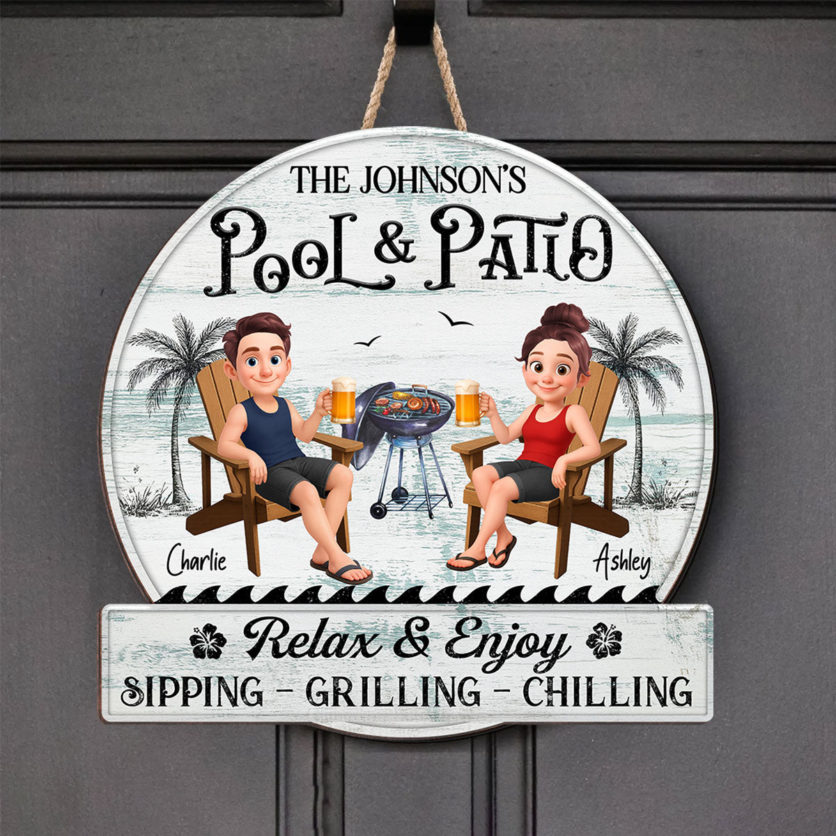 Cute Cartoon Couple Family Pool & Patio Retro Vintage Personalized Wood Sign