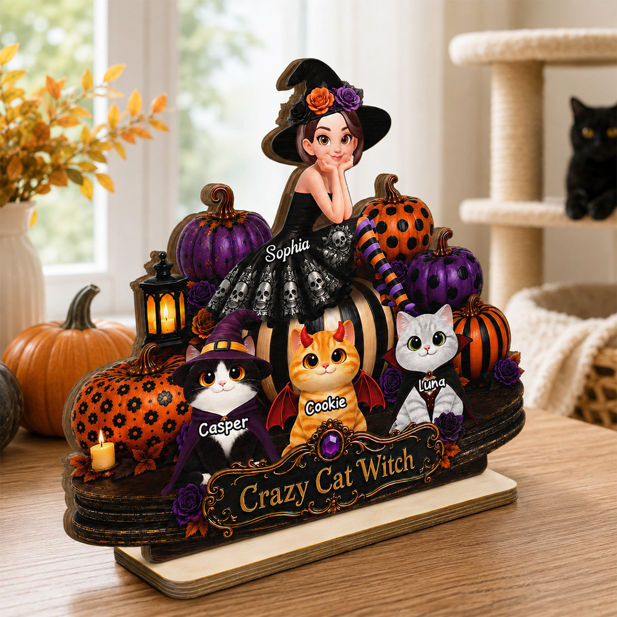 Pretty Cat Witch 2D Flat - Personalized Wooden Plaque - Halloween Decoration