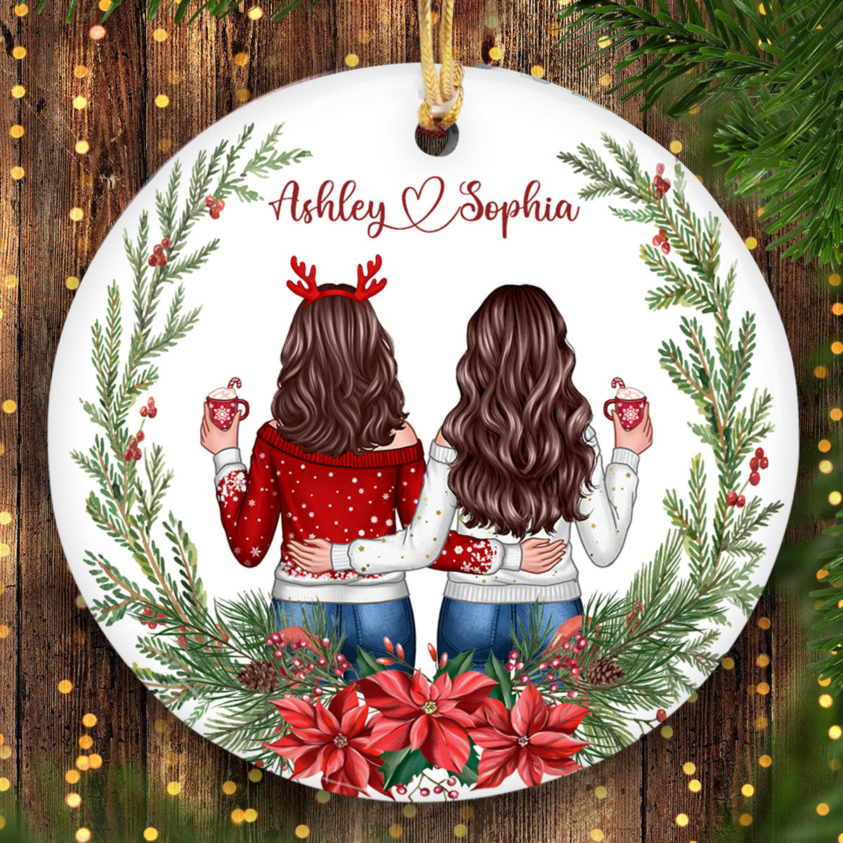 Besties Sisters Friends Back View Christmas Wreath Personalized Circle Ornament