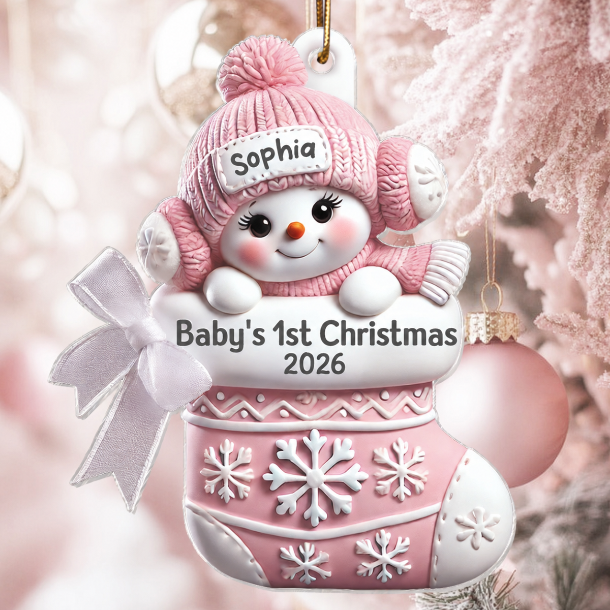 3D Effect Snowbaby On Stocking Baby's 1st Christmas Keepsake Personalized Acrylic Flat Ornament