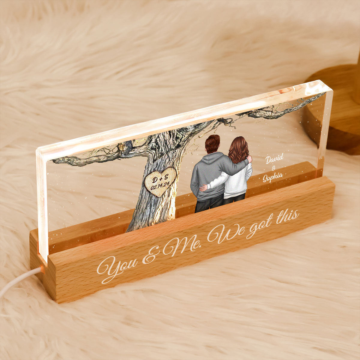Couple Back View Engraved Tree Personalized Acrylic Block LED Night Light,  Gift, Anniversary Gift for Him for Her