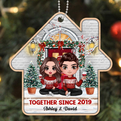 Christmas Doll Couple Sitting On The Front Porch Personalized Wooden Ornament