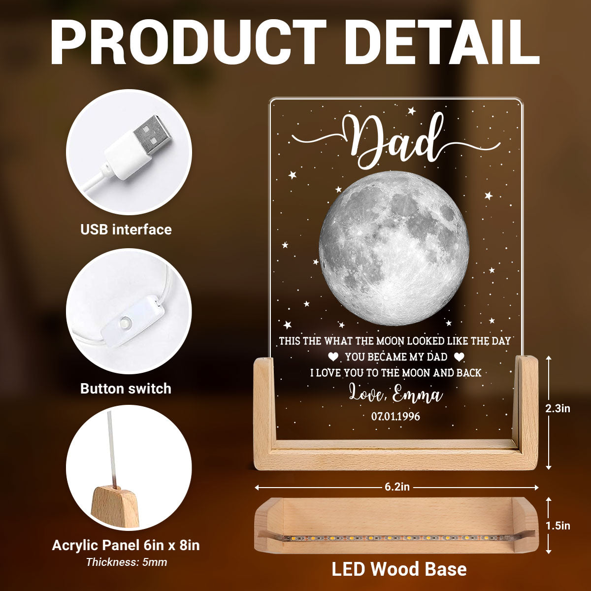 This Is What The Moon Looked Like The Day You Became Dad Custom Moon Phase - Personalized Acrylic LED Night Light - Father's Day Gift For Dad, Husband