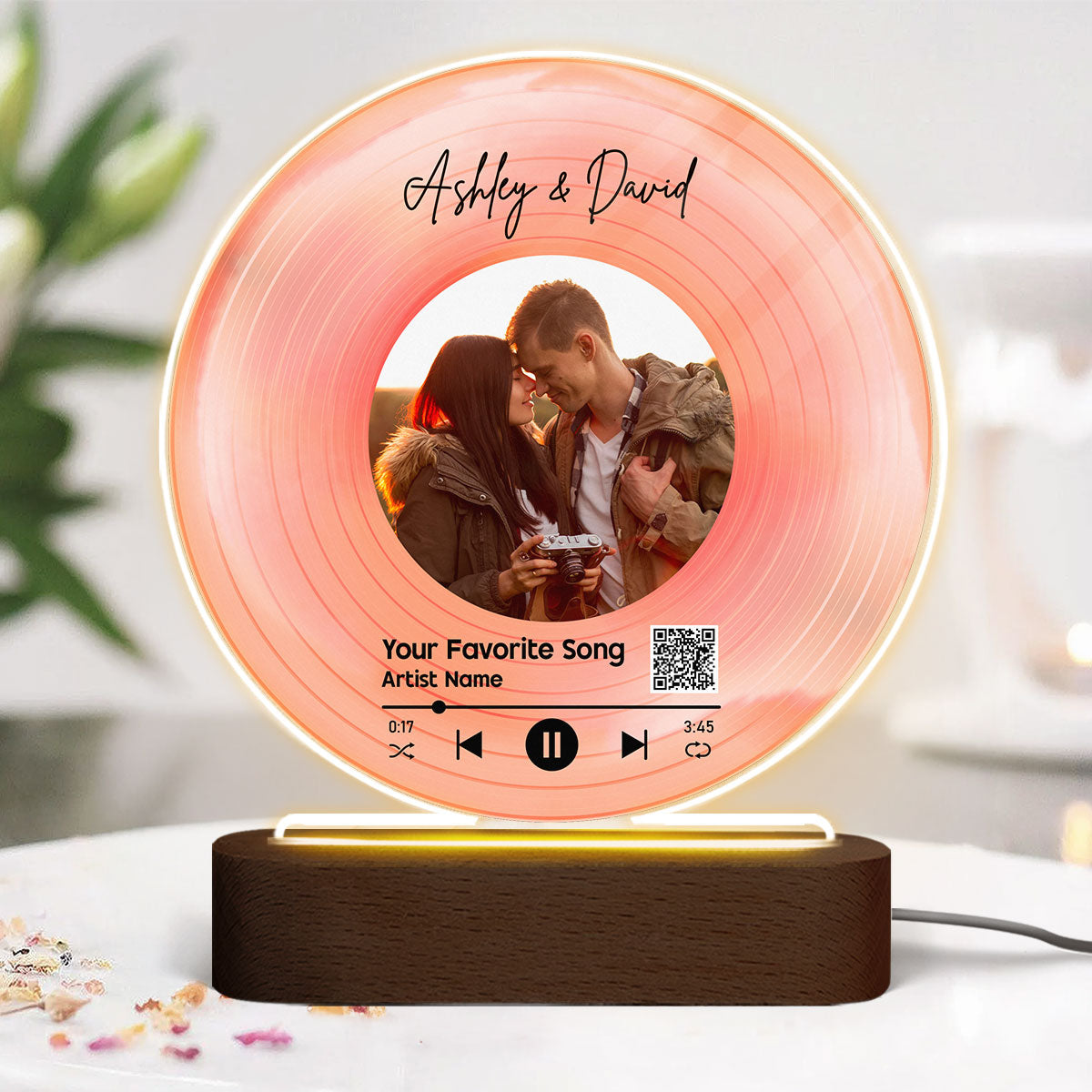 Couple Photo & Favorite Song Scannable QR Code Personalized Acrylic Circle LED Night Light