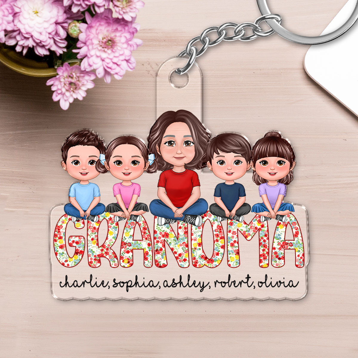 Grandma Grandkids Sitting On Text Personalized Acrylic Keychain