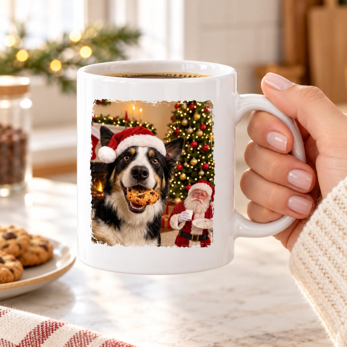 Dog Cat Steal Cookie From Santa Upload Pet Photo - Personalized Mug- Funny Christmas Gift For Dog Lovers, Cat Lovers, Pet Lovers