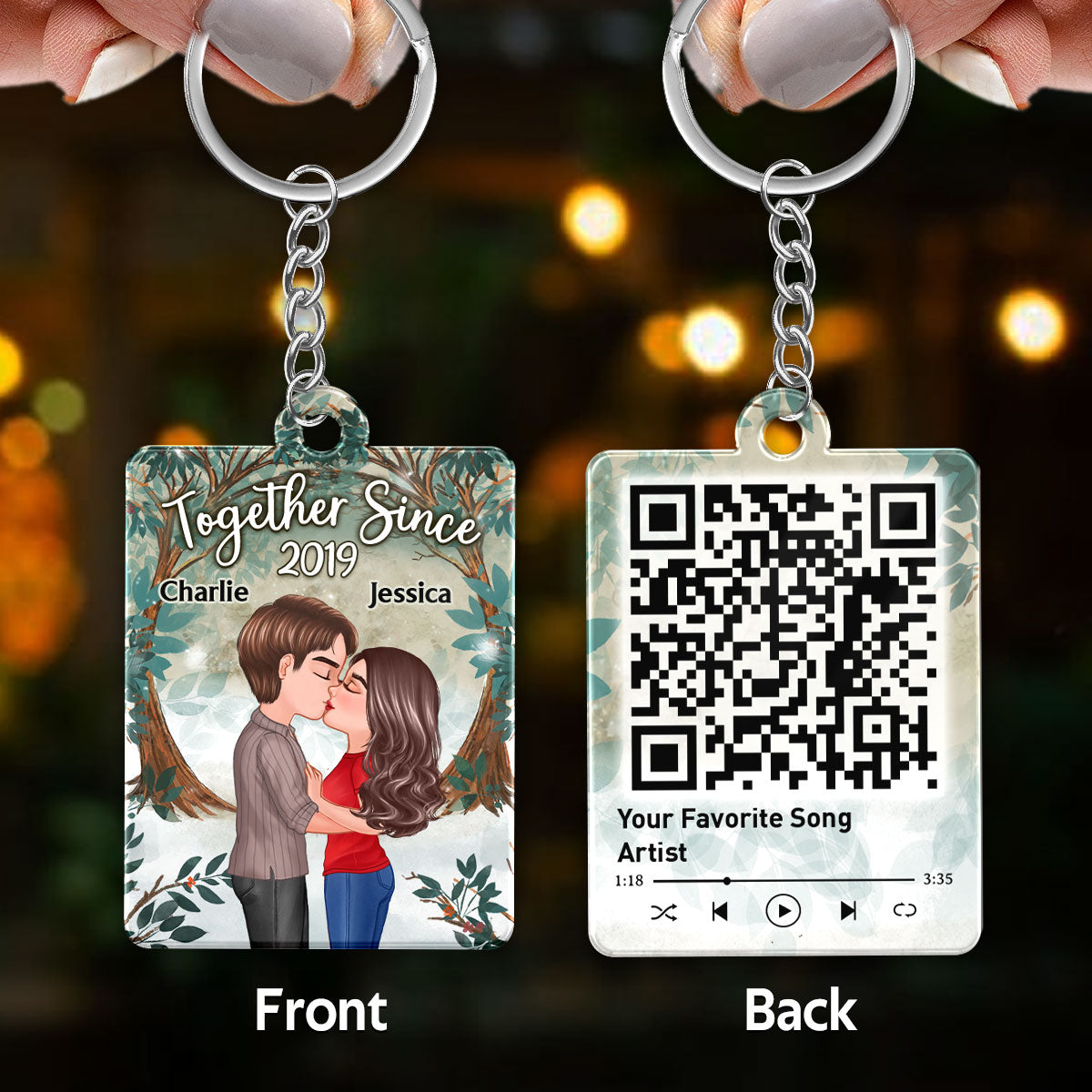 Tree Arch Doll Couple Kissing Favorite Song Scannable QR Code Personalized Acrylic Keychain