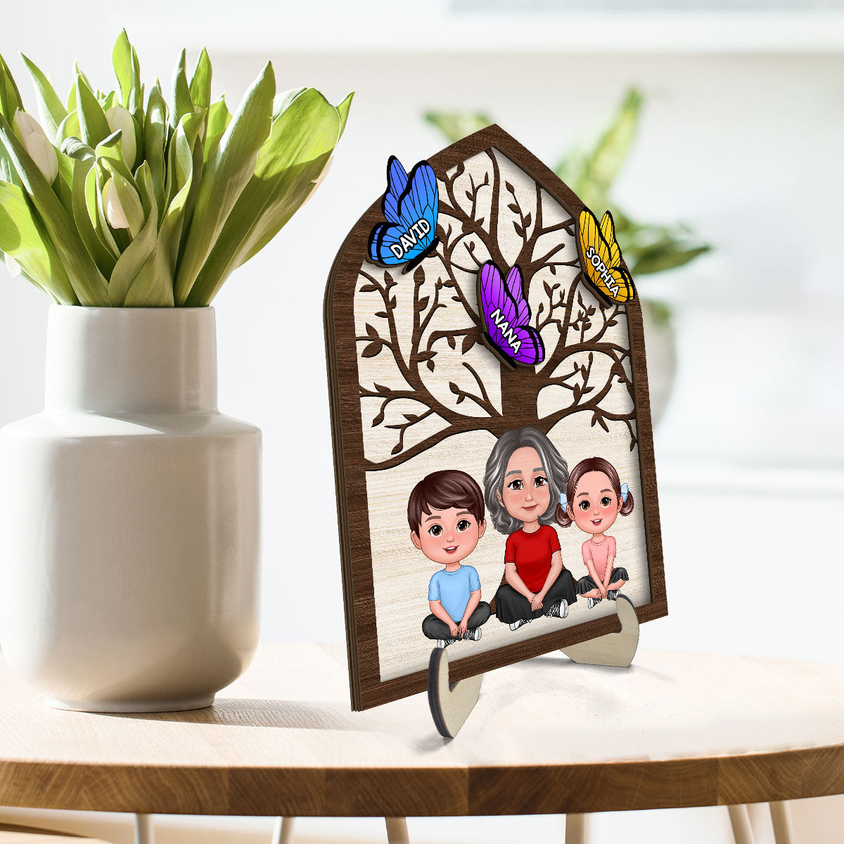 Grandma Mom Kids Crossed Legs Under Tree Butterflies Personalized 2-layer Wooden Plaque