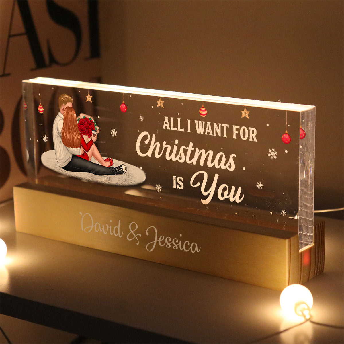 All I Want For Christmas Is You Personalized Acrylic Block LED Night Light, Christmas Gift for Couples