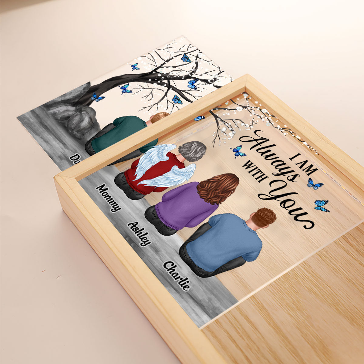 Always With You Family Dad Mom Kids Dogs Cats Blossom Tree Memorial Remembrance Sympathy Gift Personalized Wooden Frame Light Box