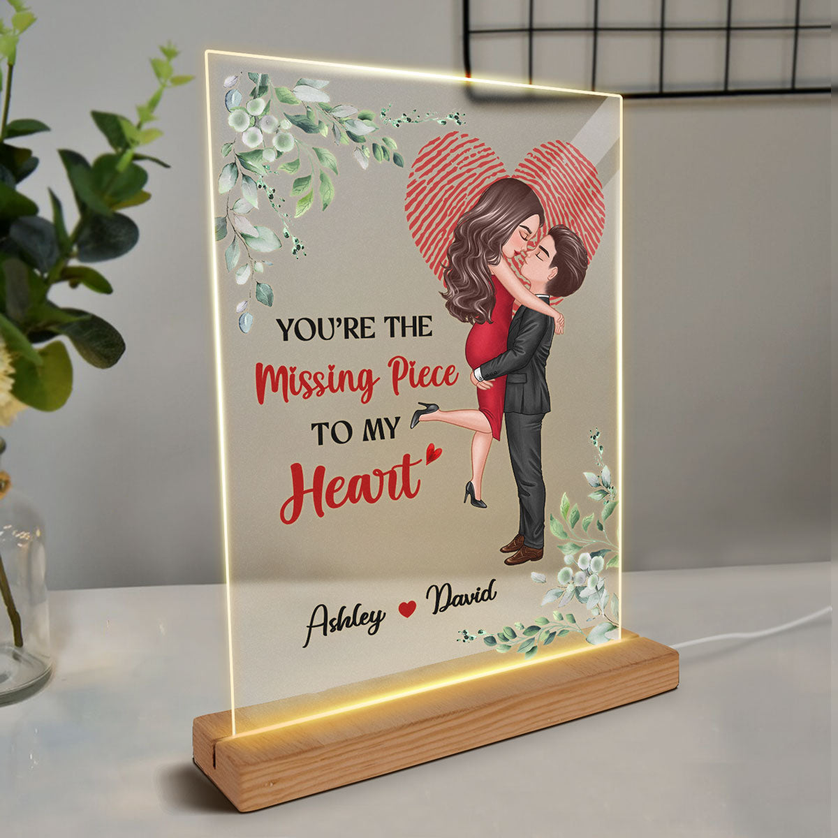 The Missing Piece Couple Heart Fingerprint Personalized Rectangle Acrylic LED Lamp Night Light