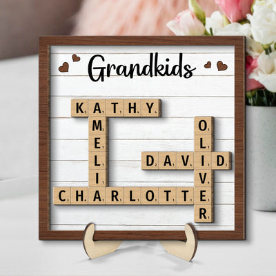 Grandkids Crossword Puzzle Art - Personalized 2-Layered Wooden Plaque - Gift for Mom, Gift for Grandma, Gift for Wife
