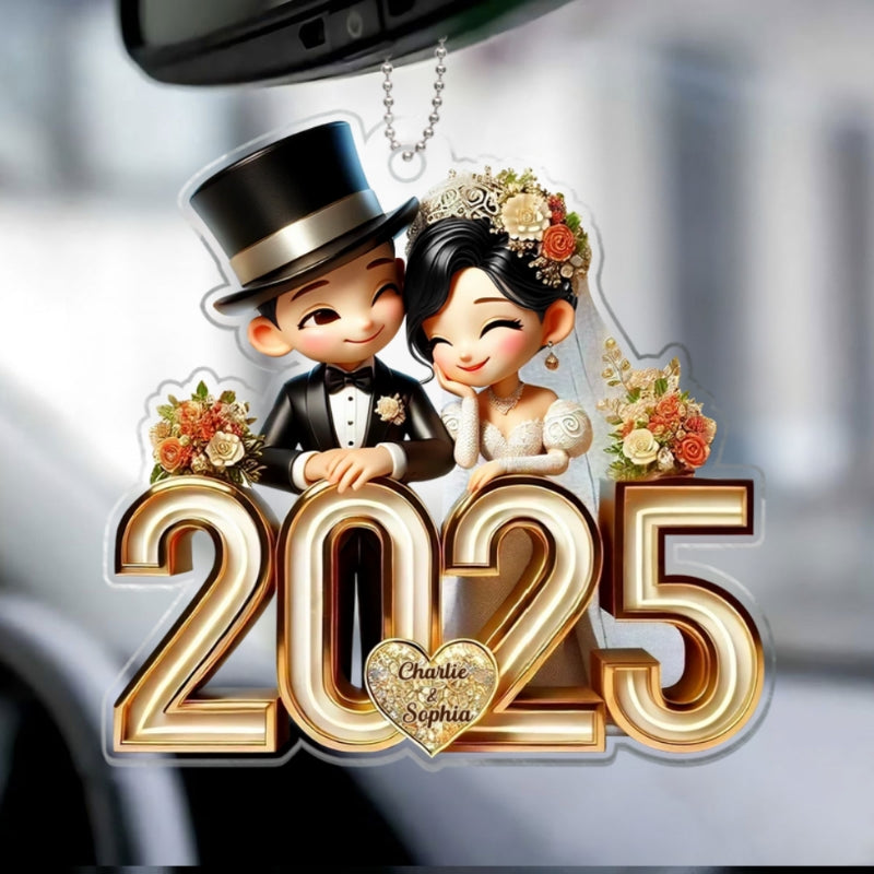 3D Effect Happy Newlywed Cartoon Couple Personalized Car Hanger Ornament, Gift For Him, For Her, For Newlywed Couple