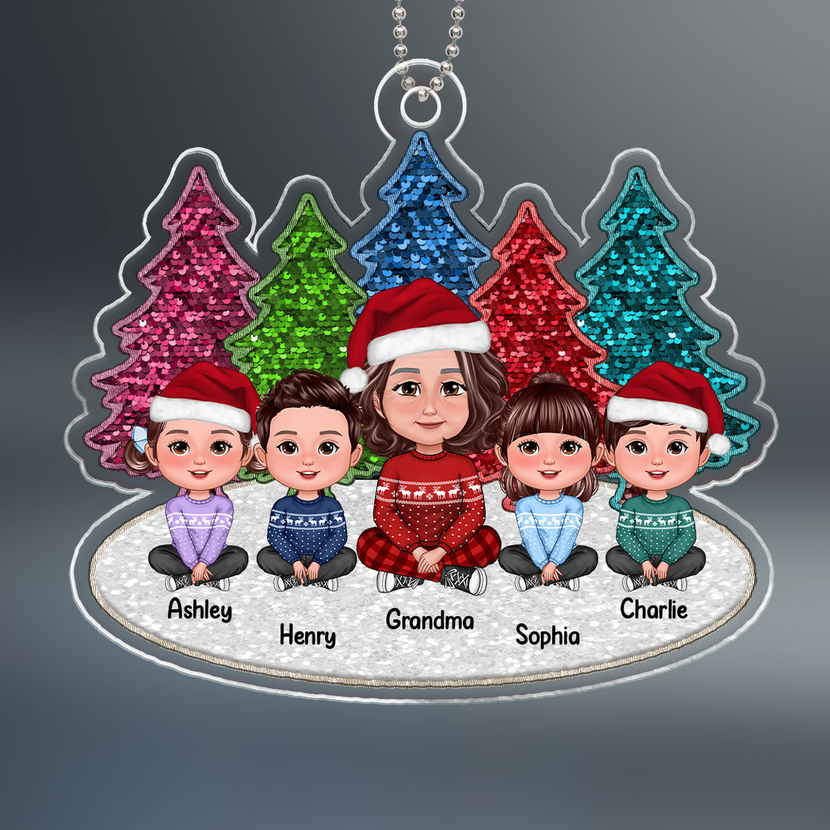 Sequins Pattern Christmas Trees Grandma & Grandkids Sitting Personalized Acrylic Ornament