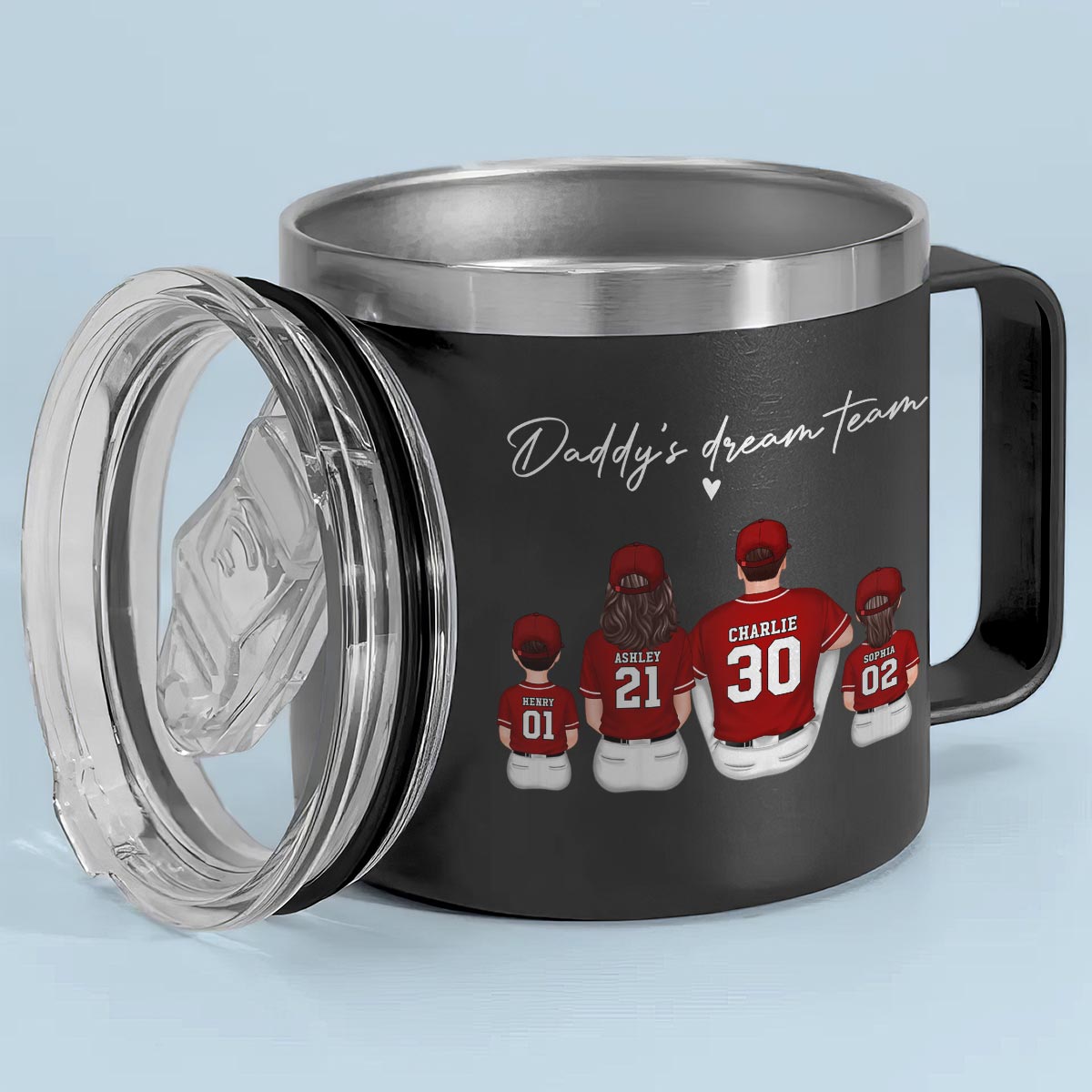 Baseball Daddy's Dream Team Personalized Stainless Steel Tumbler With Handle, Unique 2025 Father's Day Gift For Dad