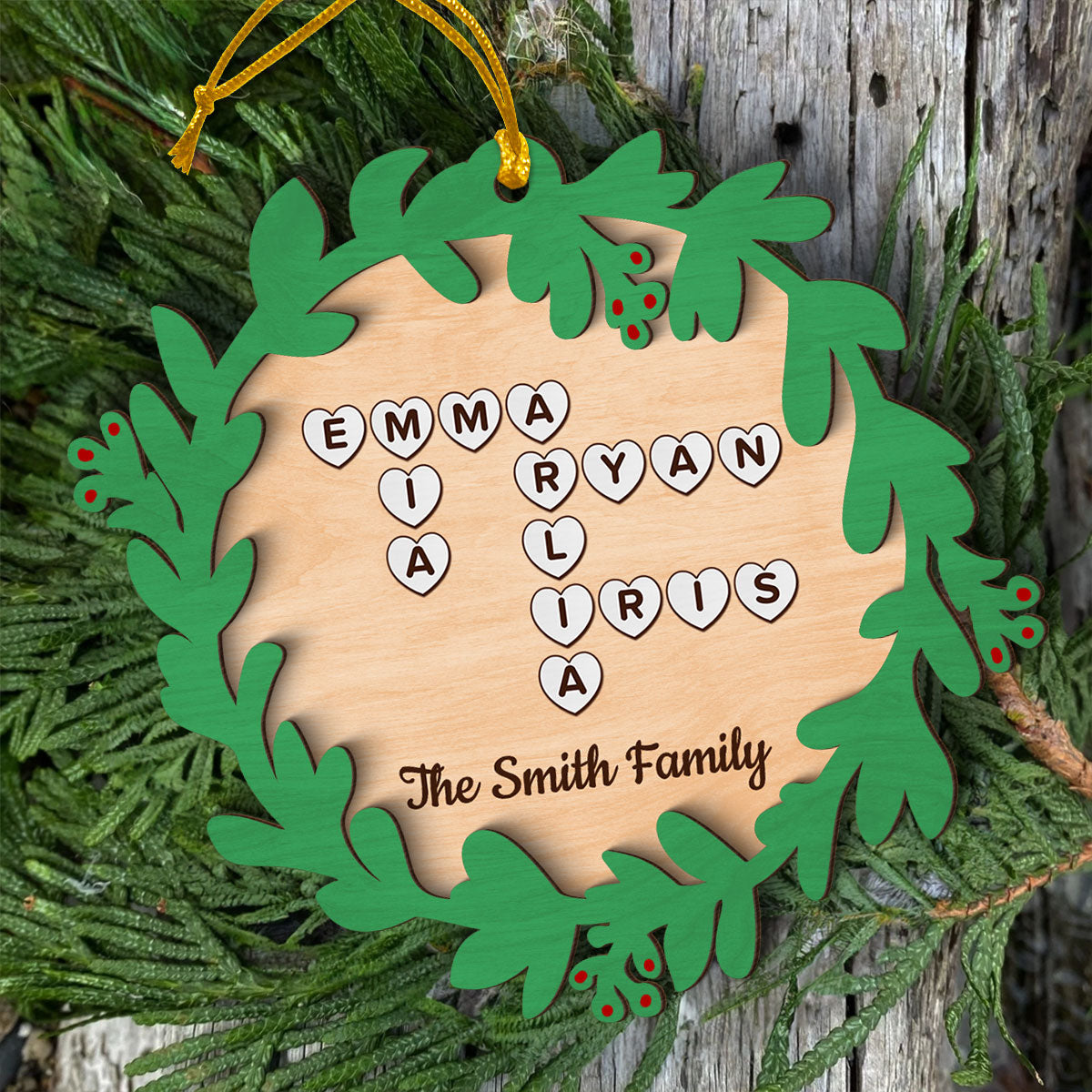 Family Names Crossword Puzzle Art Wreath Shaped Personalized 2-Layer Wooden Ornament