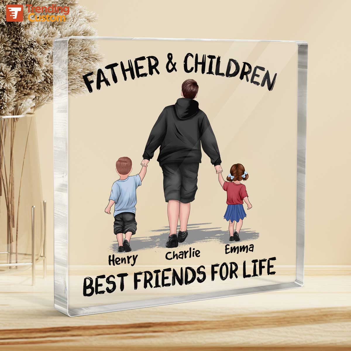 Father & Children Walking Back View Personalized Acrylic Block Plaque - Gift For Dad